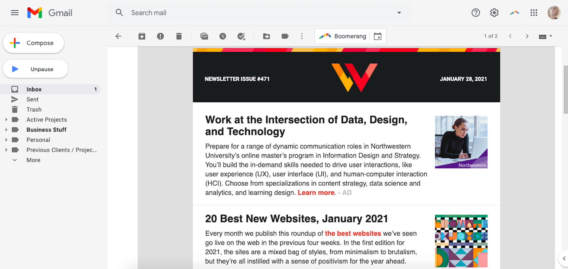 A WebDesigner Depot newsletter from 2021